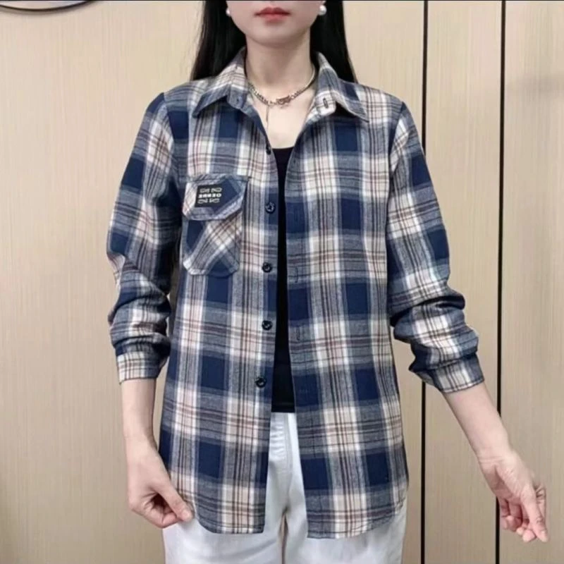 春夏新款长袖显瘦格子衬衫妈妈女装休闲宽松秋大码衬衣上衣薄外套