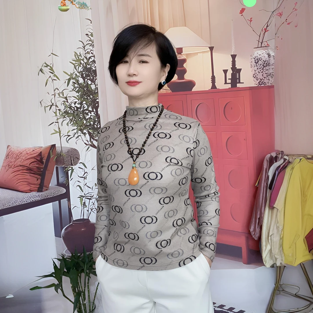 速干通勤半高领长袖极简风T恤印花百搭套头冬季洋气