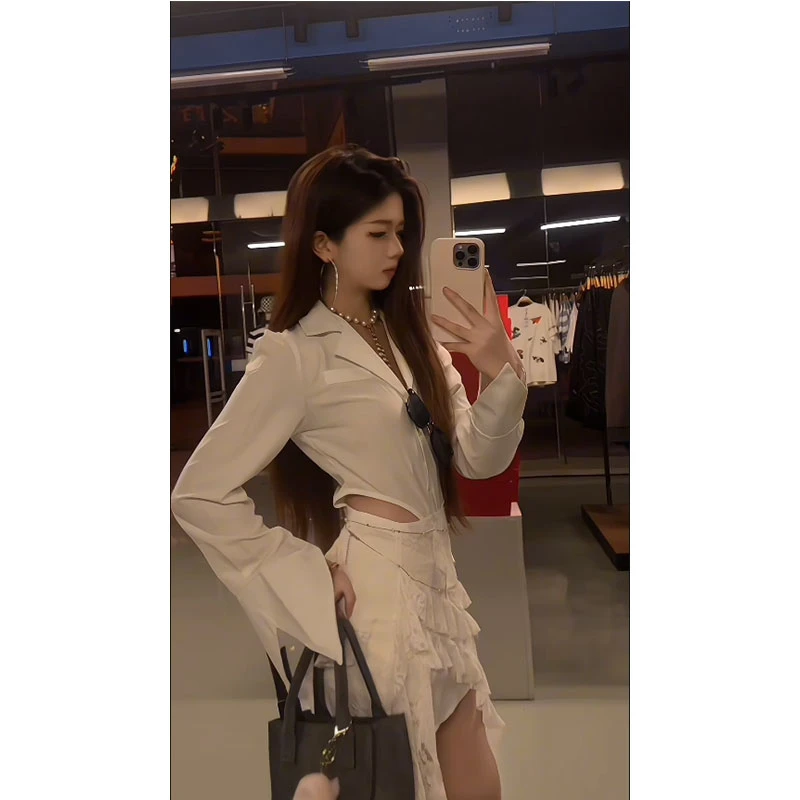 2025年秋季新品纯欲风设计感长袖衬衫上衣显瘦包臀半身裙两件套