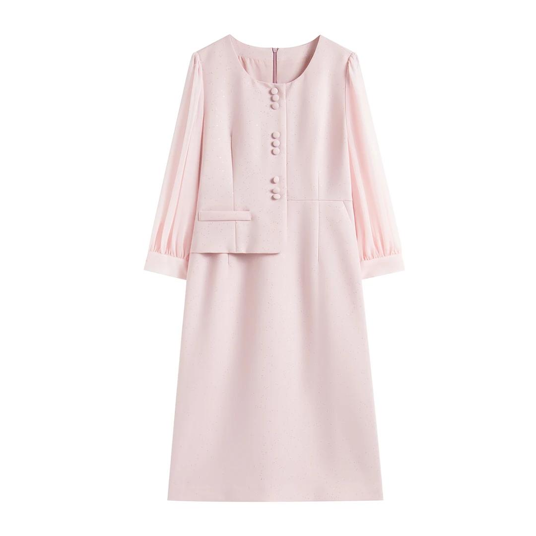 【南油畅姐】排扣复古裙子显瘦气质长袖时尚收腰连衣裙