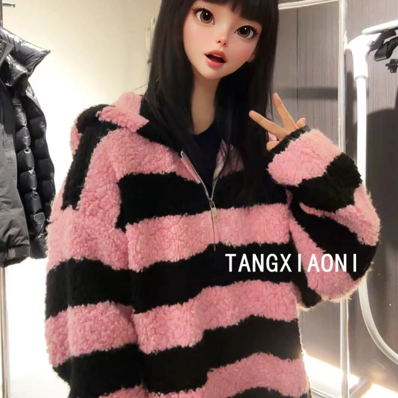 5店【多巴胺粉】黑粉条纹针织帽子上衣潮牌女装潮牌女装