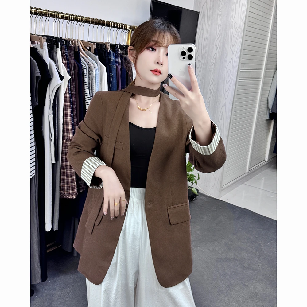气质V领西装外套女2025秋季新品高级感时尚飘带气质亚麻西服上衣