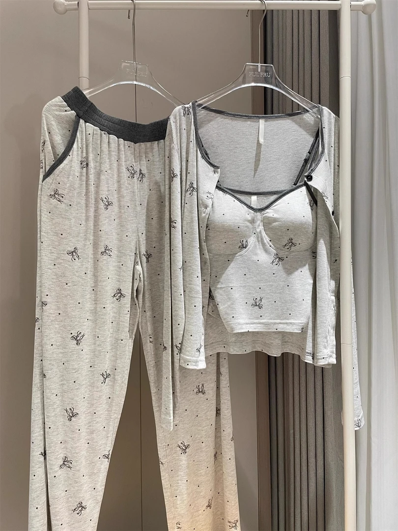 【DMXJ大梦想家】性感带胸垫吊带睡衣春秋女款蝴蝶结印花家居服套装