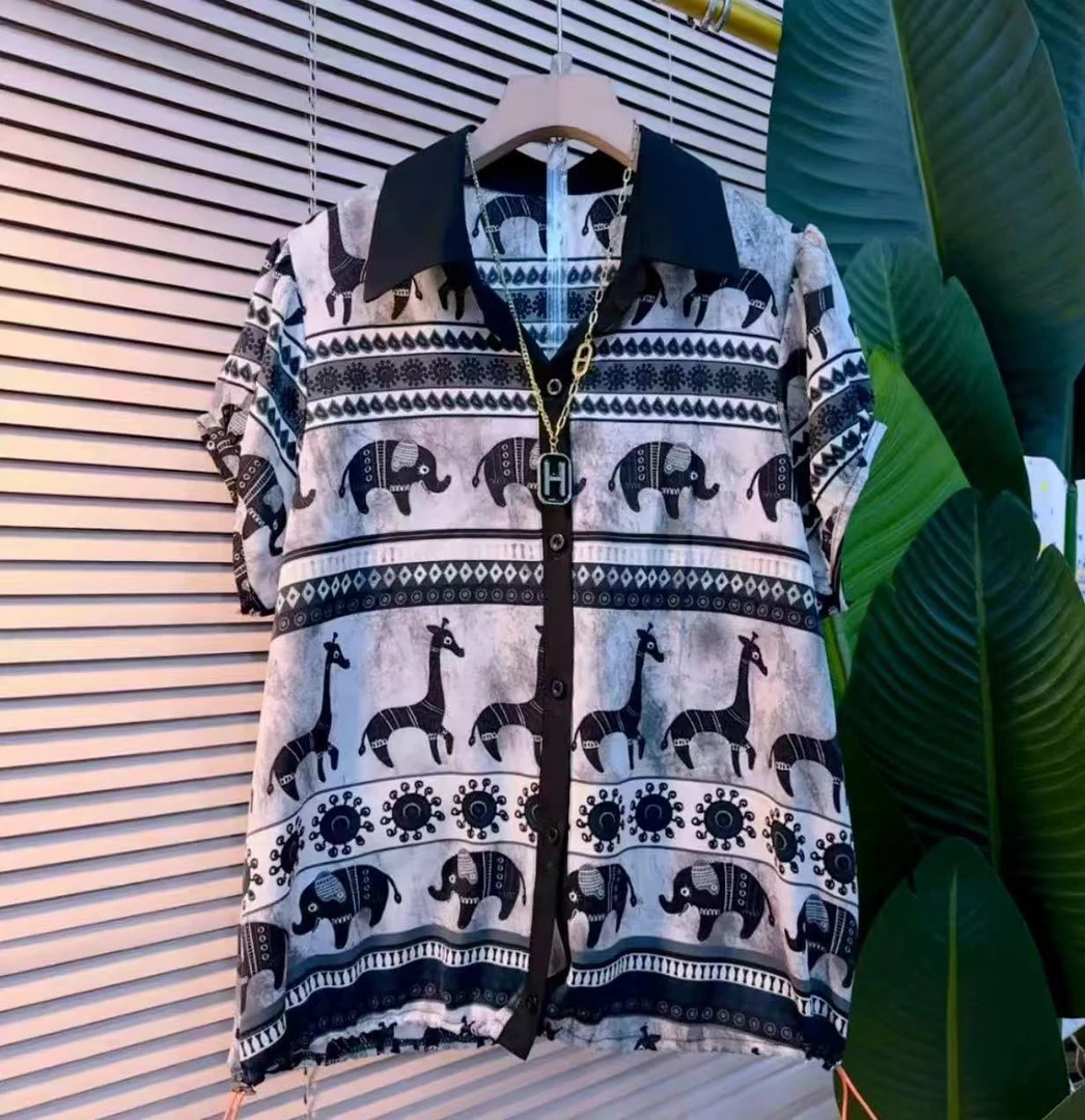 124欧洲站夏季 polo领时尚气质拼接涂鸦小象款收腰衬衫