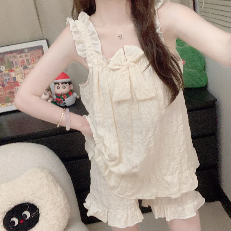 【带胸垫一体】软绵绵睡衣女夏季2025新款云朵棉吊带短裤家居服套装