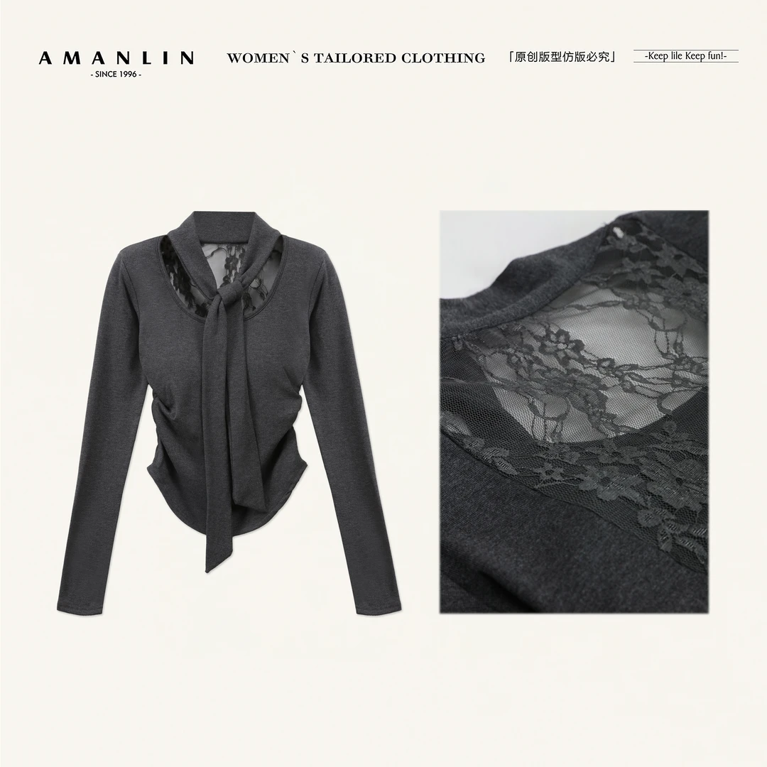 AMANLIN/阿谩琳琥珀流光纯欲纯色后背镂空蕾丝毛针织衫X603563