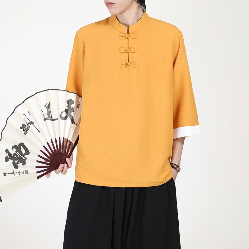 中国风男装唐装夏季薄款冰丝短袖T恤中式复古盘扣宽松七分袖上衣