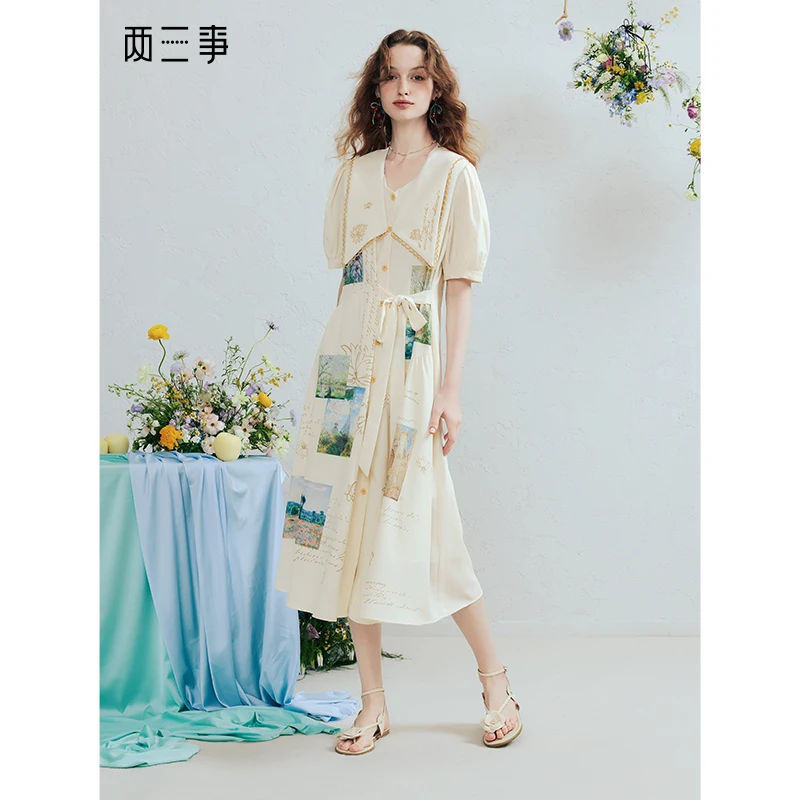两三事岚烟织梦  复古刺绣大翻领印花连衣裙S25XLY180