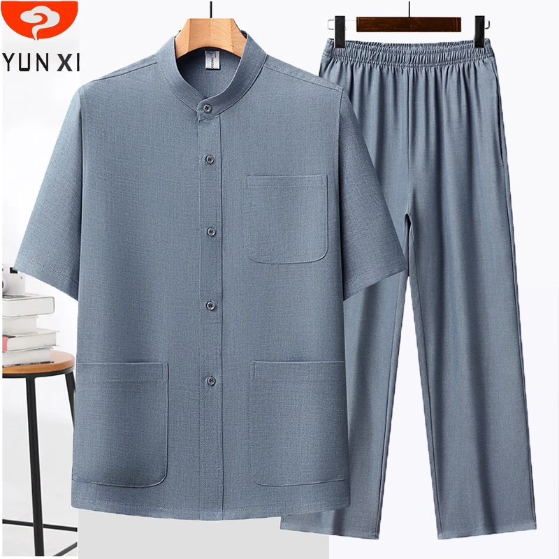 中老年唐装男夏季冰丝爸爸夏装父亲国潮套装爷爷装中式透气衣服男