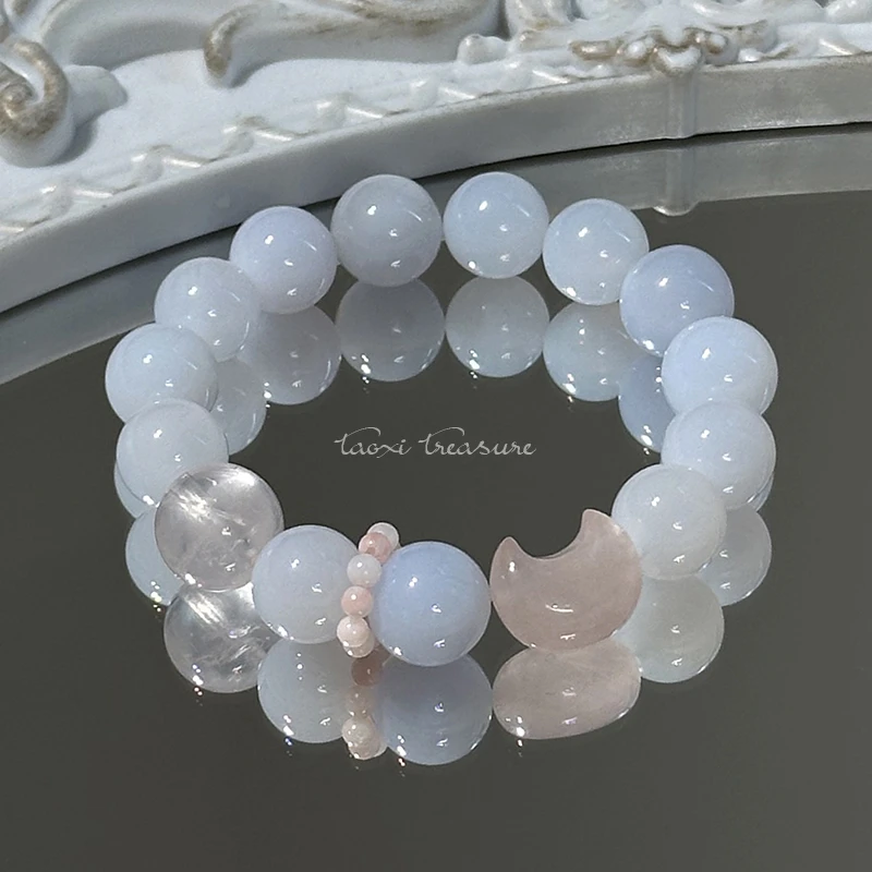 tx1079-蓝玉髓粉晶月亮珍珠贝手串