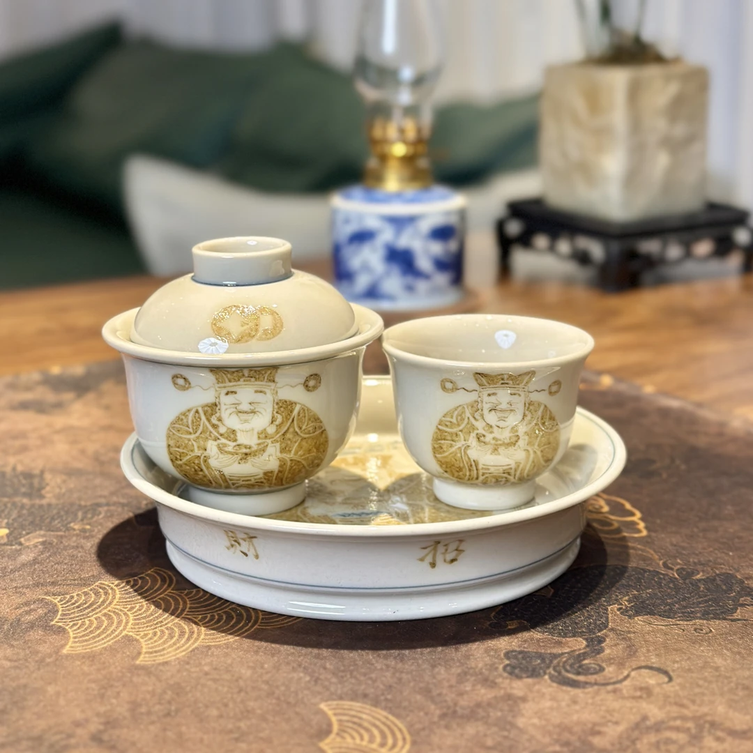 景德镇立勤堂手工手绘青花釉里金财神爷精美高档陶瓷茶具套装