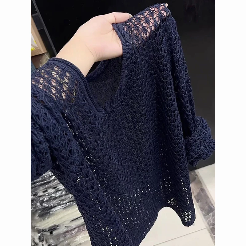 超好看薄款长袖镂空针织衫女2025早秋新款气质百搭舒适藏蓝色上衣
