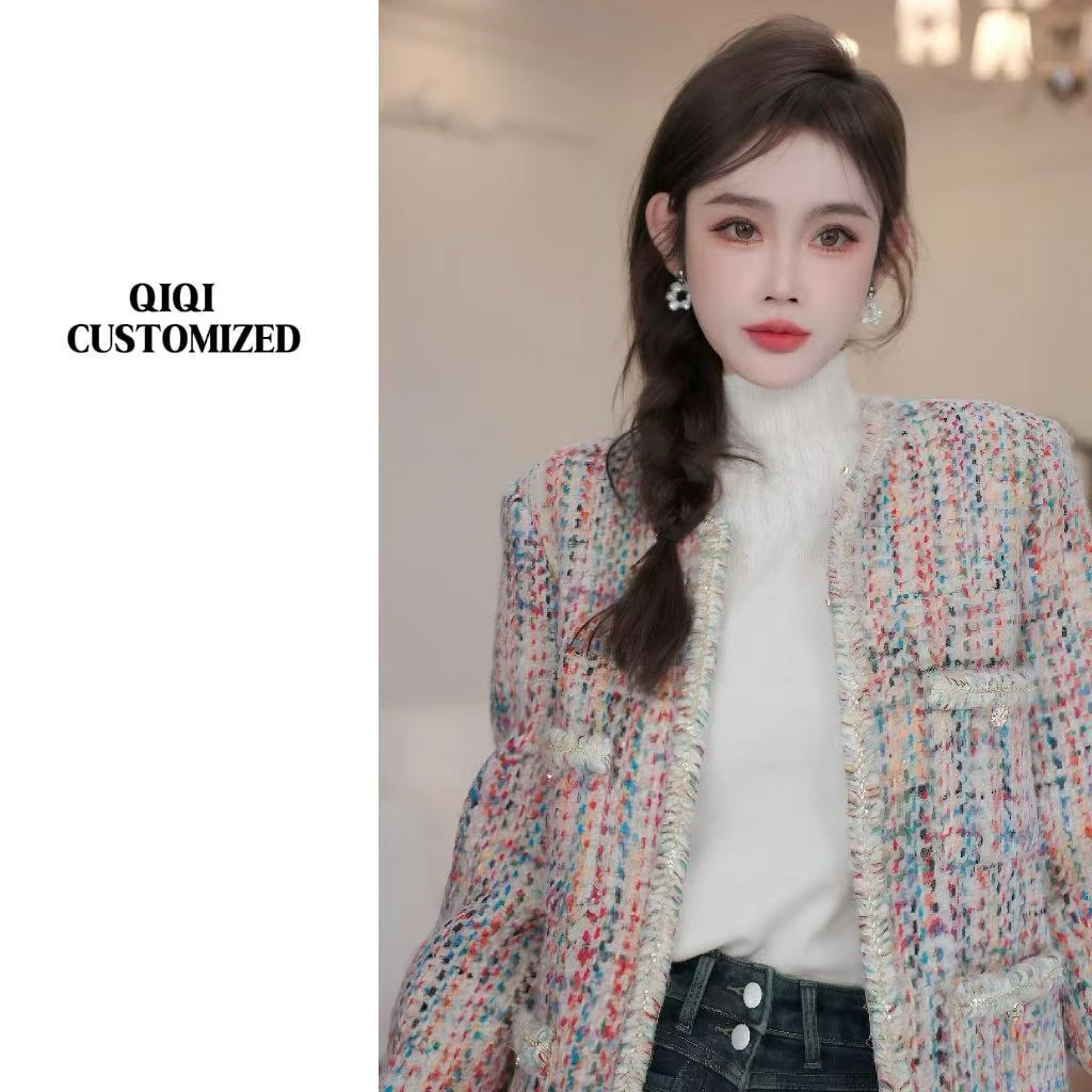 【戚戚高级定制】韩版彩色粗花毛呢编织小香风外套#52484
