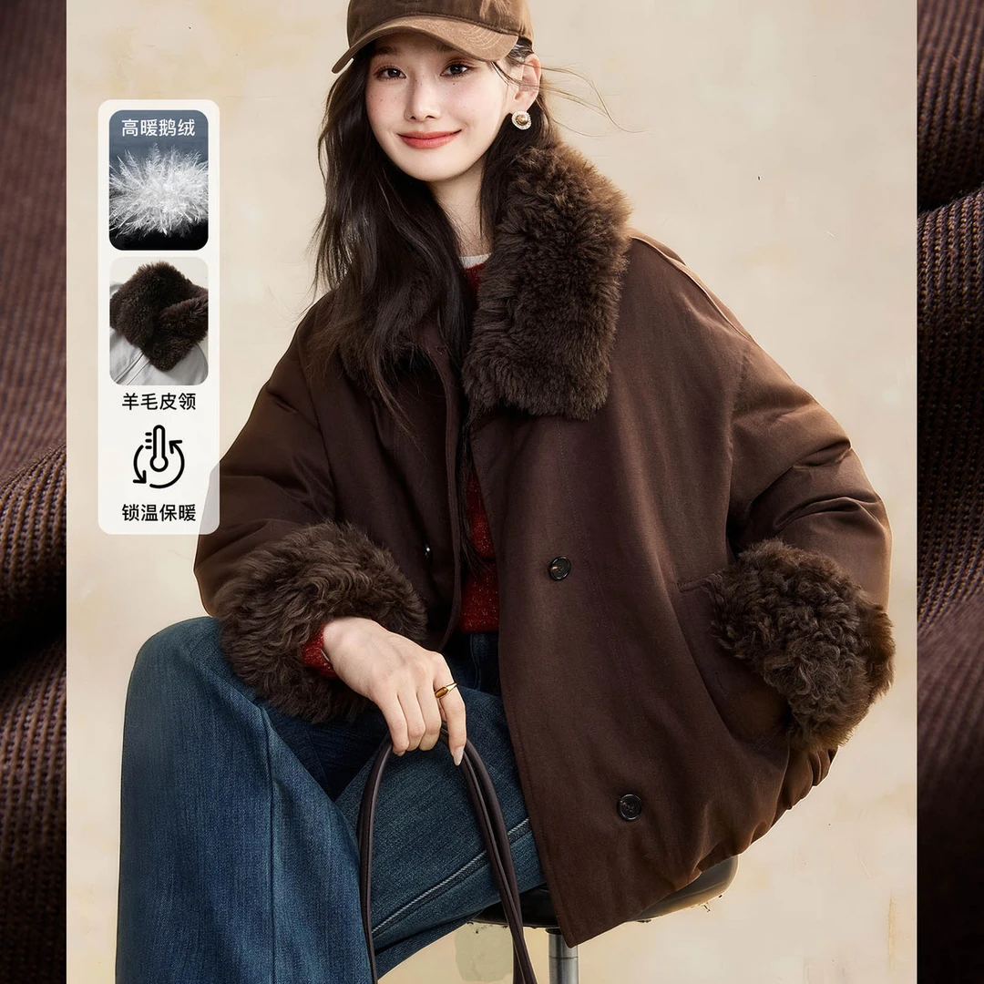 【摩纳古堡】高暖大朵鹅绒 羊毛皮翻领短款羽绒保暖外套FX4YR1484-A