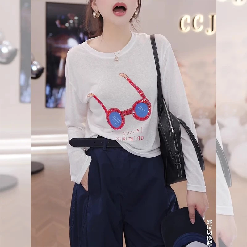 今年流行透气短款眼镜印花T恤女夏季2025新款高级感时尚防晒上衣
