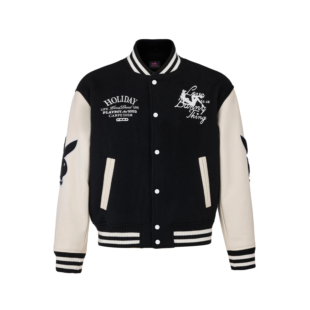 GB-GOODBRAND x PLAYBOY 2025FW 刺绣剪影兔女郎钟表时尚棒球夹克