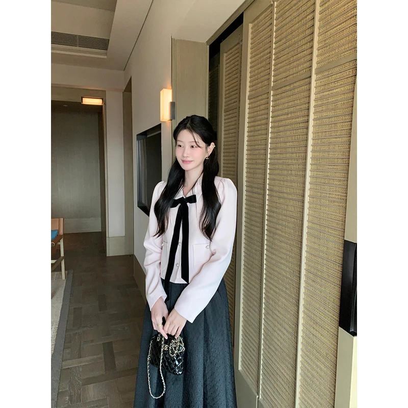 MARIE.COCO名媛小香风蝴蝶结翻领长袖衬衫上衣女秋季百褶半身长裙