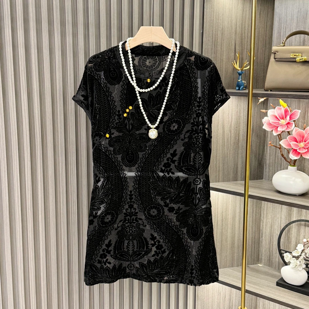 创意圆领中长款短袖立体裁剪上衣气质女装潮流烧花