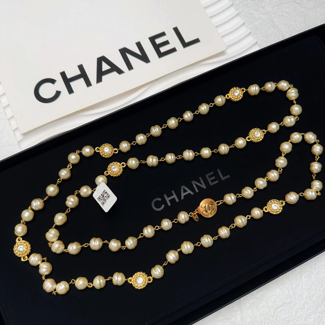 95新 Chanel/香奈儿 柚礼中古/香奈儿珍珠莱茵石素金项链LZ501499