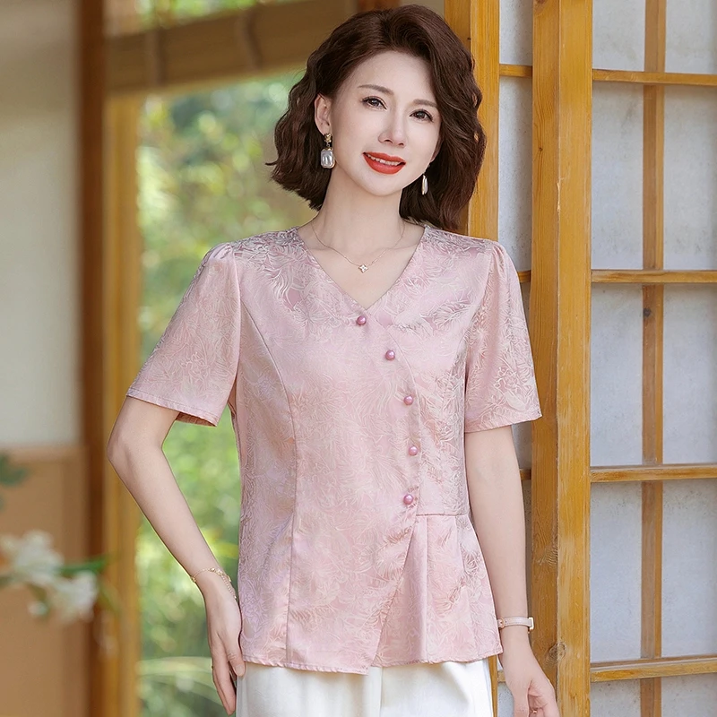 中老年女装夏季新款气质套装妈妈夏装短袖洋气V领时尚T恤国风上衣