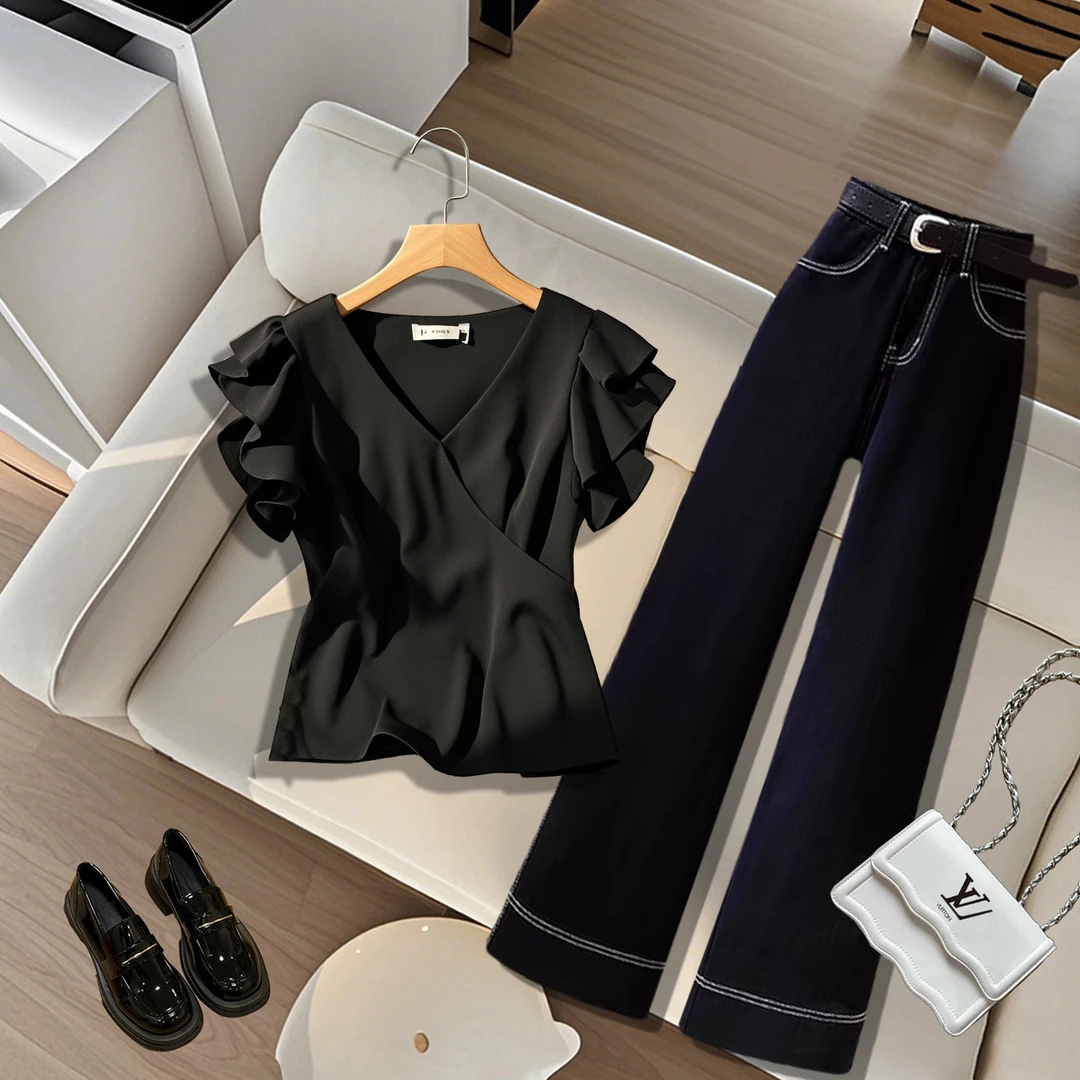 2025夏季新款法式V领高档气质小衫短袖上衣高腰显瘦休闲裤套装女