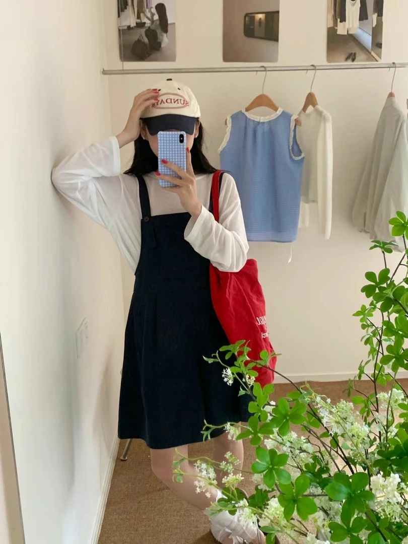 10626韩版复古减龄气质宽松长袖防晒衫T恤+背带短裤两件套装女