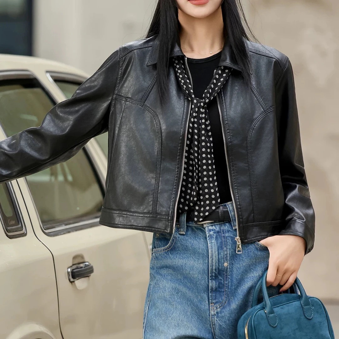 秋冬新款方领短款做旧修身通勤皮衣百搭韩版秋冬时尚ins