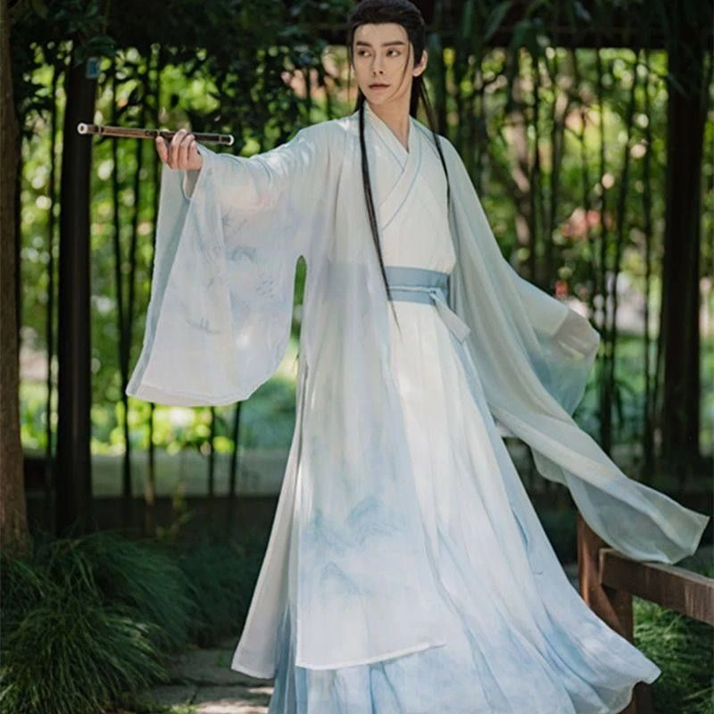 成人情侣汉服飘逸蓝色大袖日常演出超仙广袖交领齐腰古风套装夏