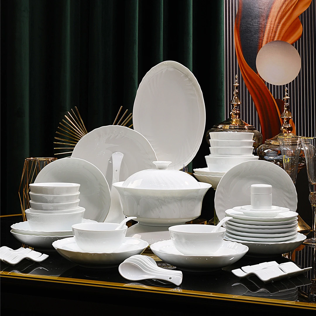 防烫浮雕耐热餐具套装国瓷餐具汤碗盘子家用简约餐具如玉瓷白瓷碗