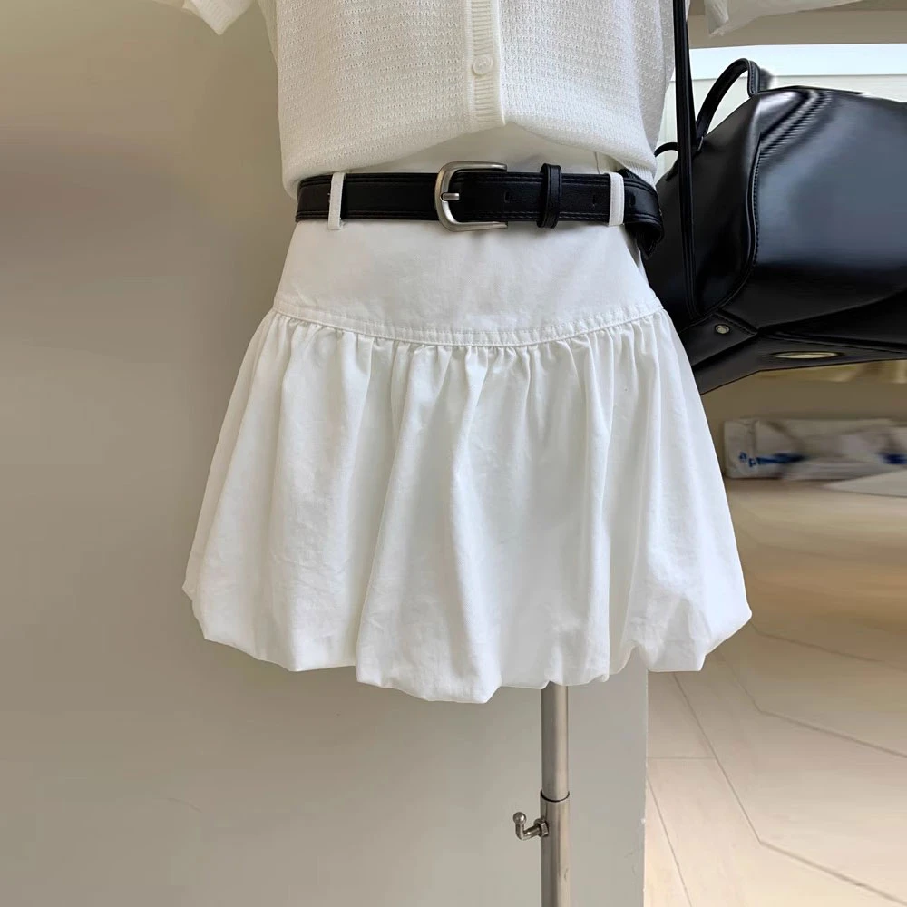 甜酷辣妹风宽边低腰蓬蓬花苞短裙显瘦防走光夏季休闲a字半身裙女