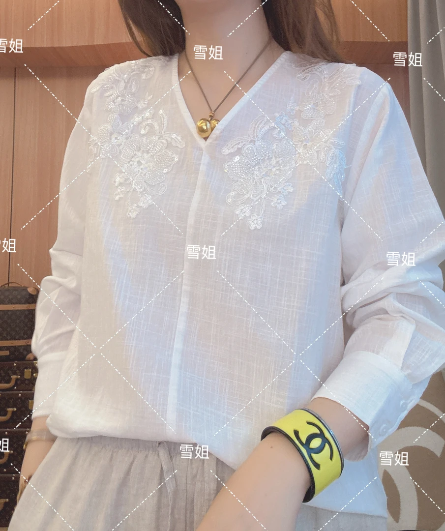 雪姐服饰「钉珠花亚麻衬衫」100亚麻新款高级精致珠绣贴花长袖衬衫