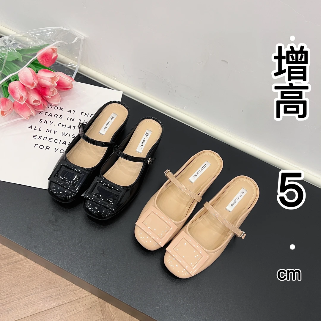 内增高女鞋方扣一字带包头半拖鞋2025开春新款法式圆头玛丽珍拖鞋