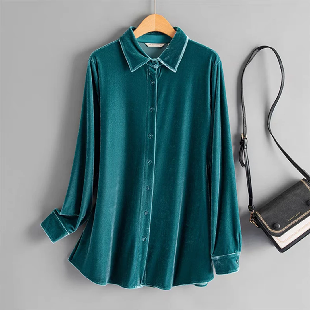 女士丝绒衬衫长袖衬衣时尚休闲02014-A（中国码）宽松翻领透气舒适