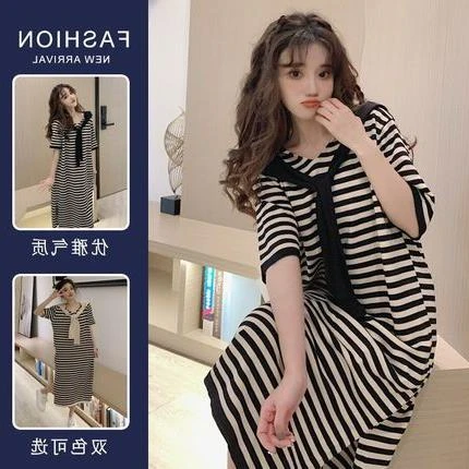 加大码女装夏款2025年微胖条纹中长款裙子胖mm遮肚显瘦针织连衣裙