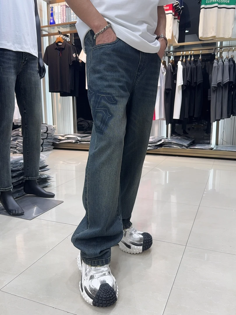 2025新款秋冬025男士轻奢潮流宽松松紧带阔腿直筒大牛蓝色牛仔裤
