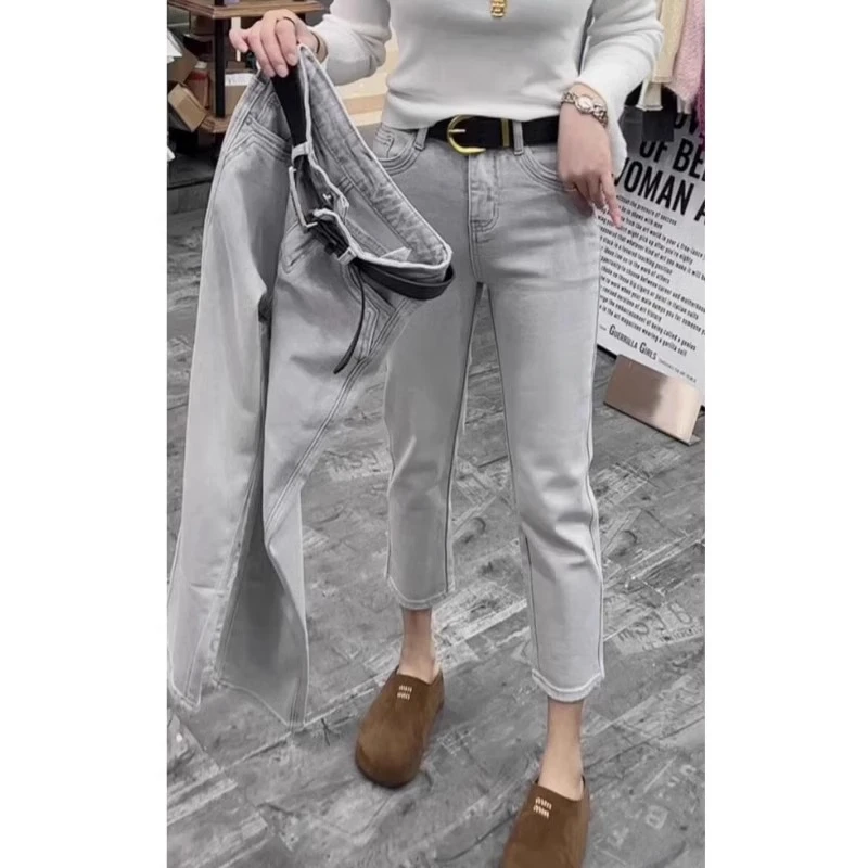 高腰弹力烟管牛仔裤女春夏季新款大码小个子九分修身显瘦直筒裤子