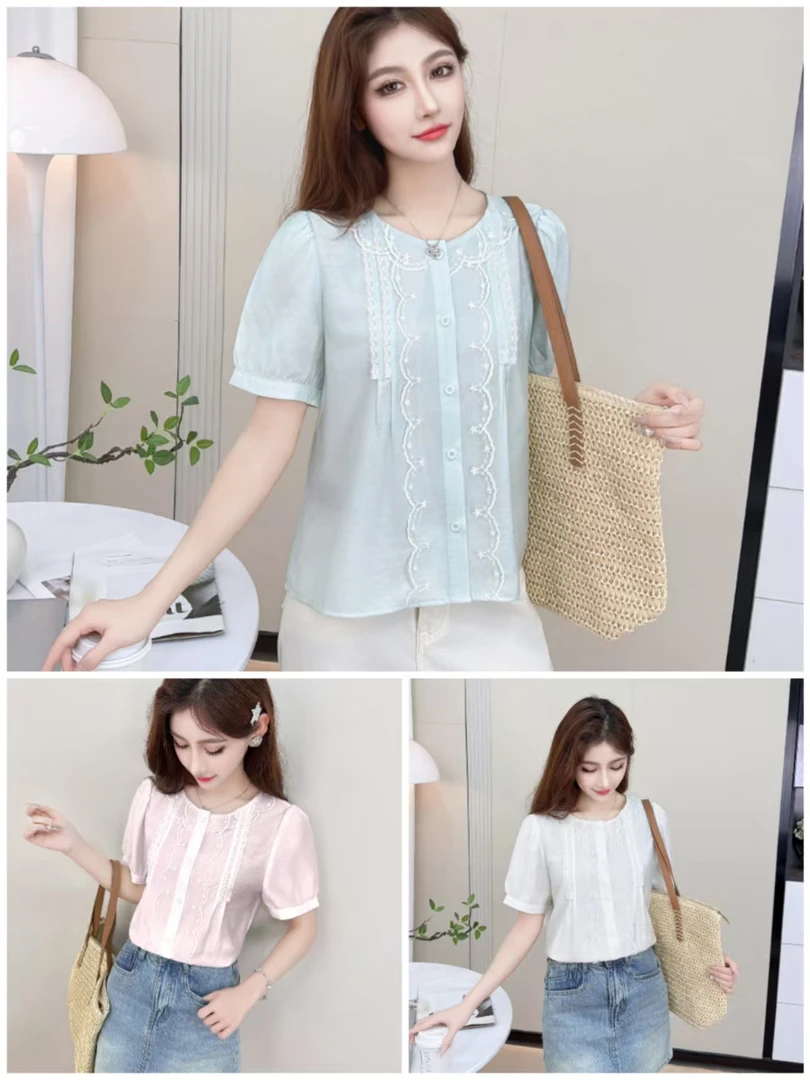 8815圆领短袖小衫时尚洋气休闲刺绣蕾丝衬衫2025夏季新款61