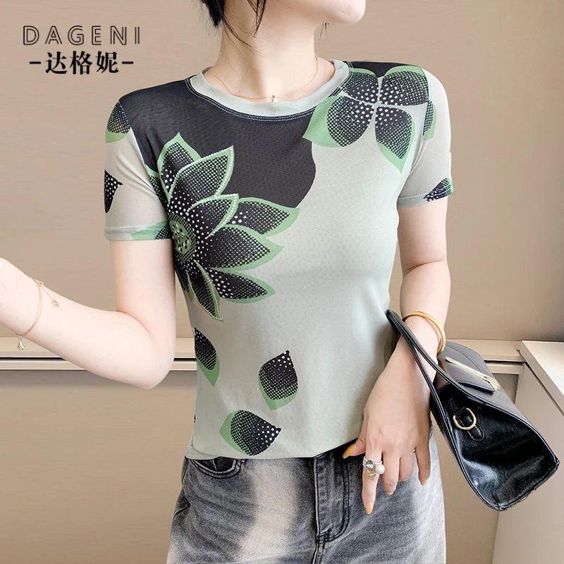 时尚印花网纱短袖t恤女2025夏季新款圆领修身显瘦上衣气质小衫女