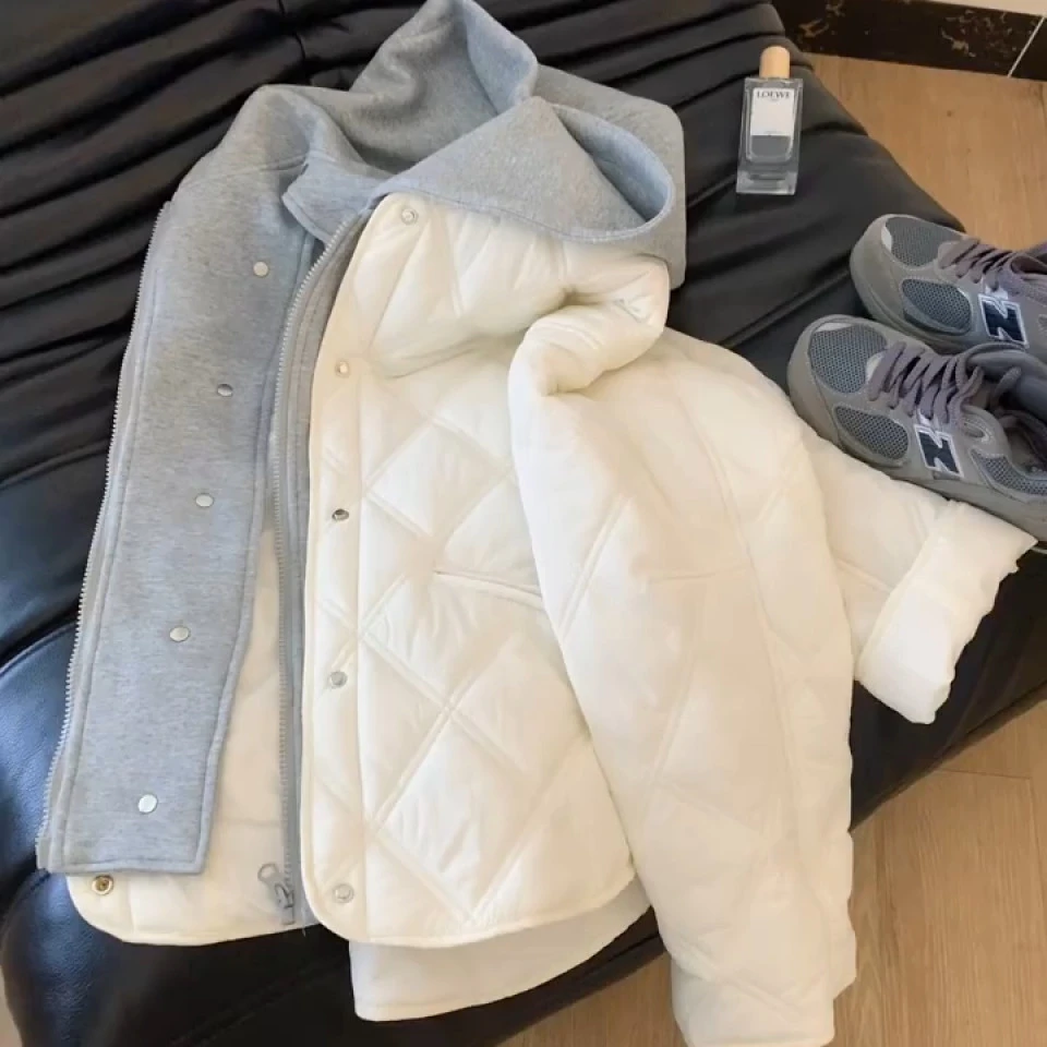 韩系假两件拼接菱格连帽棉服外套男女秋冬设计感宽松休闲百搭棉衣