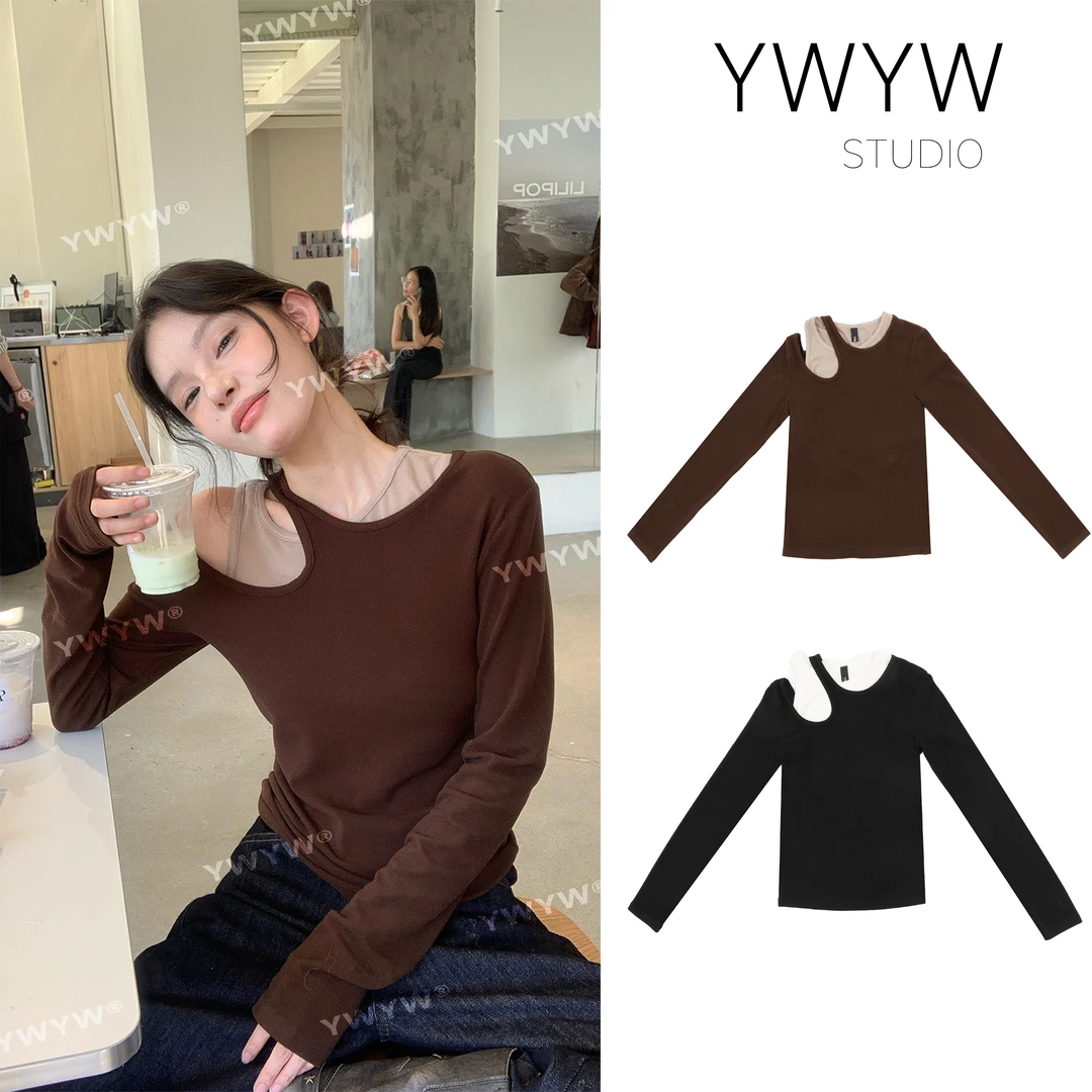 【福利款NO退换】假两件螺纹针织背心长袖修身百搭显瘦体恤3306