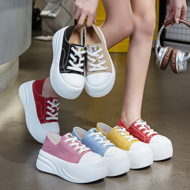 韩版时尚休闲百搭增高帆布鞋子系带厚底学生休闲板鞋工厂厚底女鞋