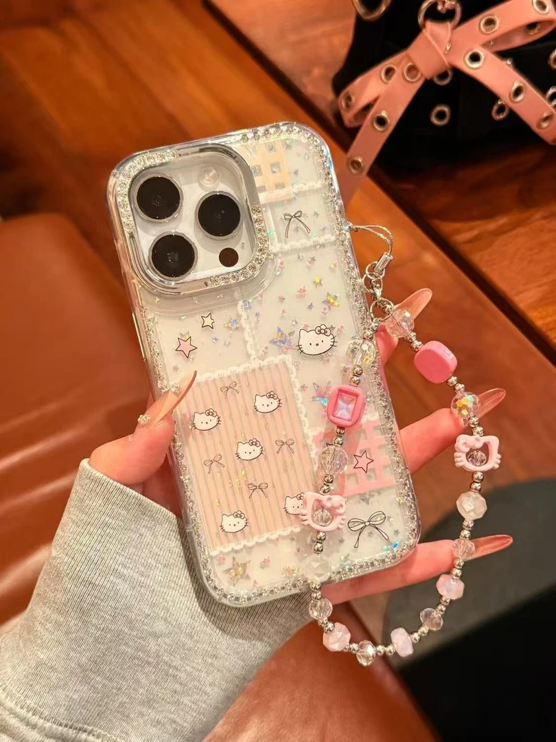 简约粉色条纹kitty猫镭射星星适用苹果16pro手机壳iphone15镶钻14