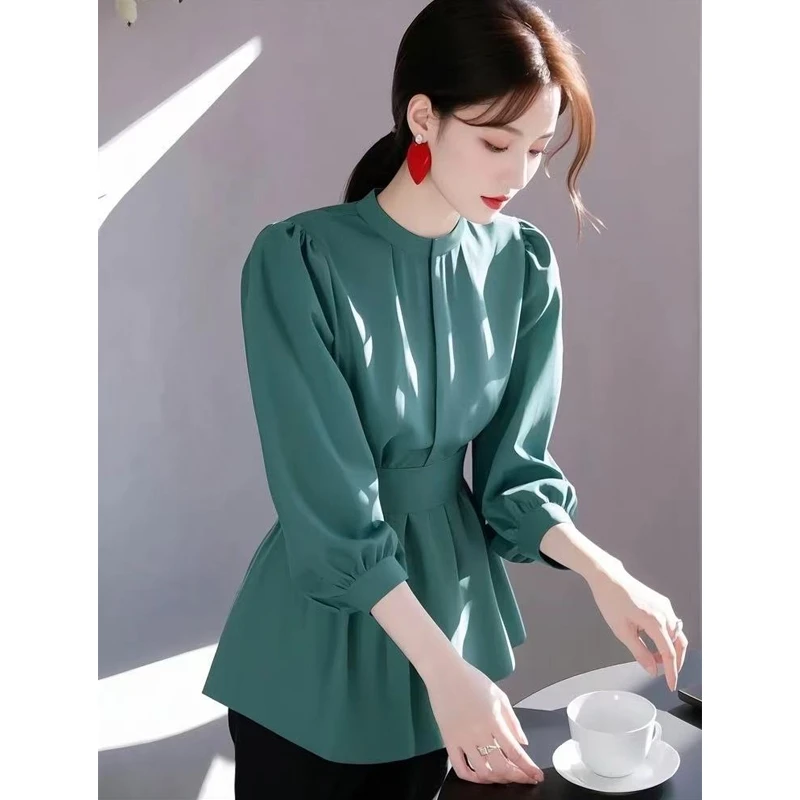 2025春装新款法式高级感轻奢减龄洋气超好看独特漂亮蓝色收腰衬衫