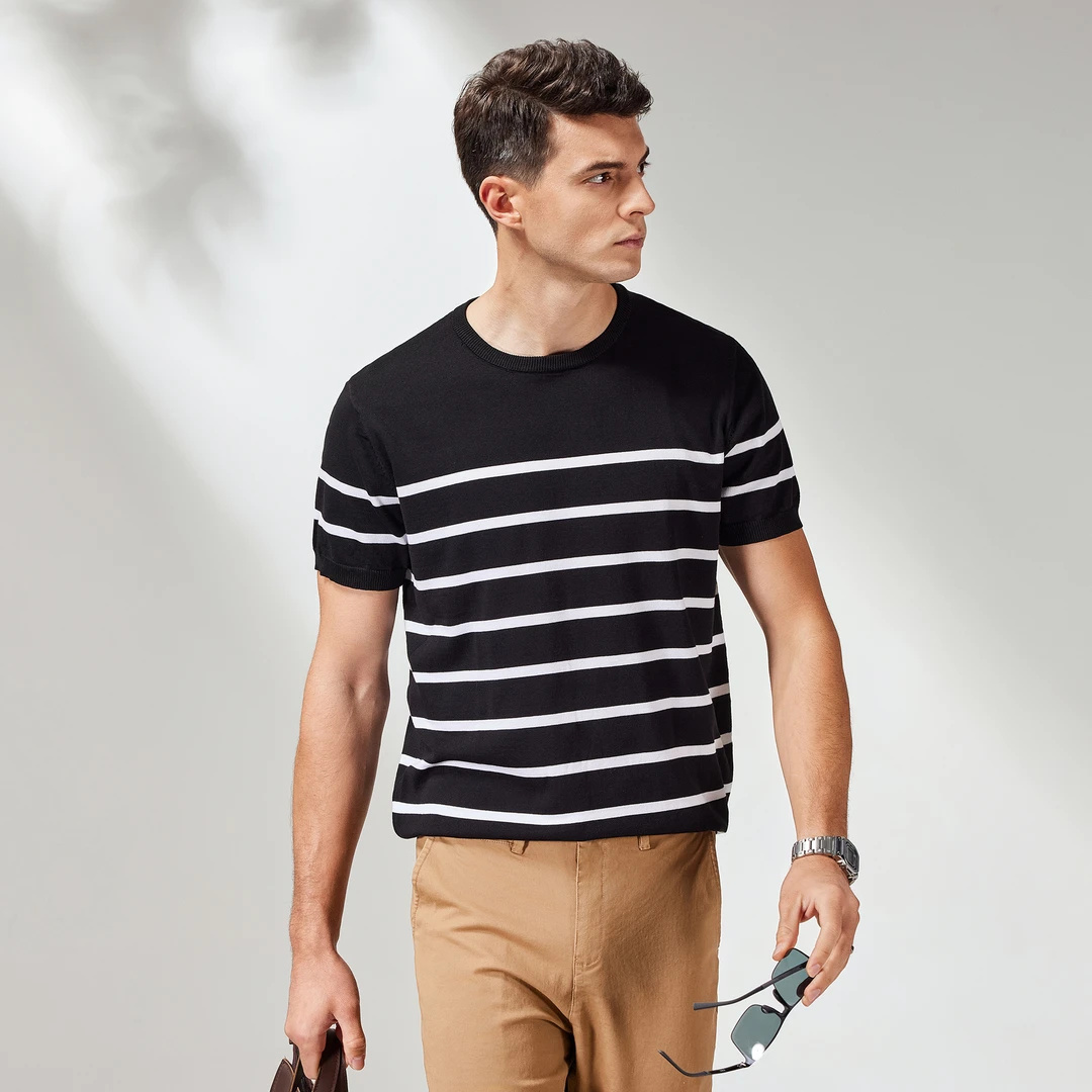 春夏季男士新款经典百搭冰丝条纹T恤打底衫男高级感圆领短袖休闲