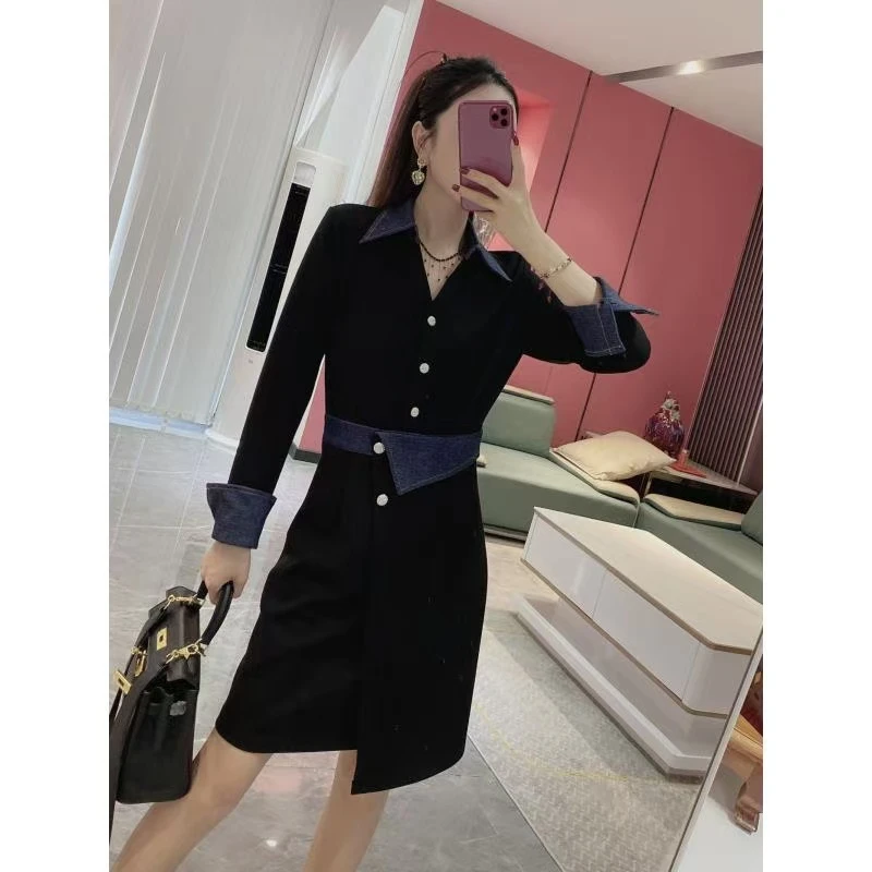 Y【短款女神裙】短款收腰排扣拼色连衣裙1598