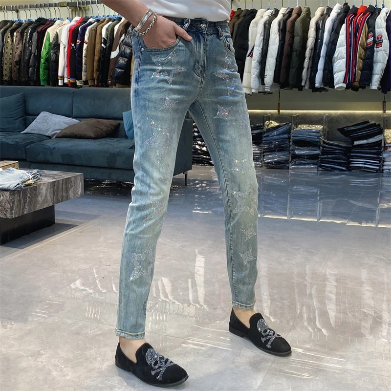 【也许家】新品男士夏季五角星烫钻牛仔裤帅气时尚弹力小脚裤BB9878