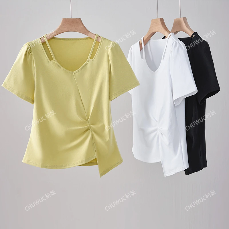 夏季不规则时尚百搭上衣小个子遮肉显瘦褶皱镂空小V领短袖T恤5539