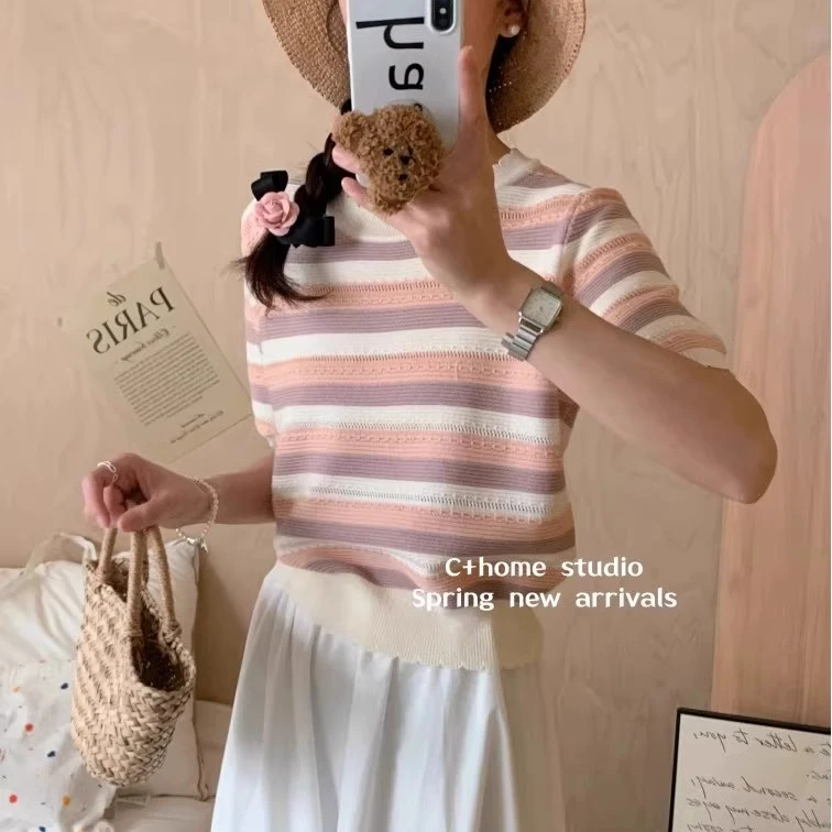 小清新彩色条纹冰丝针织衫女夏季正肩短袖T恤衫宽松内搭打底上衣