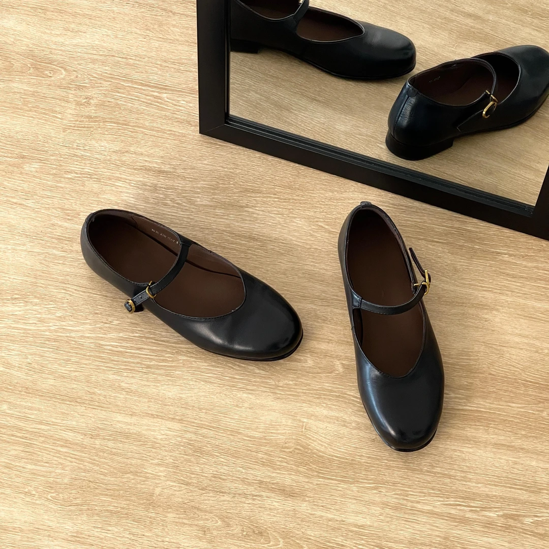 HUSSLOVE 头层水洗牛皮·跟高2CM·百搭复古高质感圆头玛丽珍单鞋