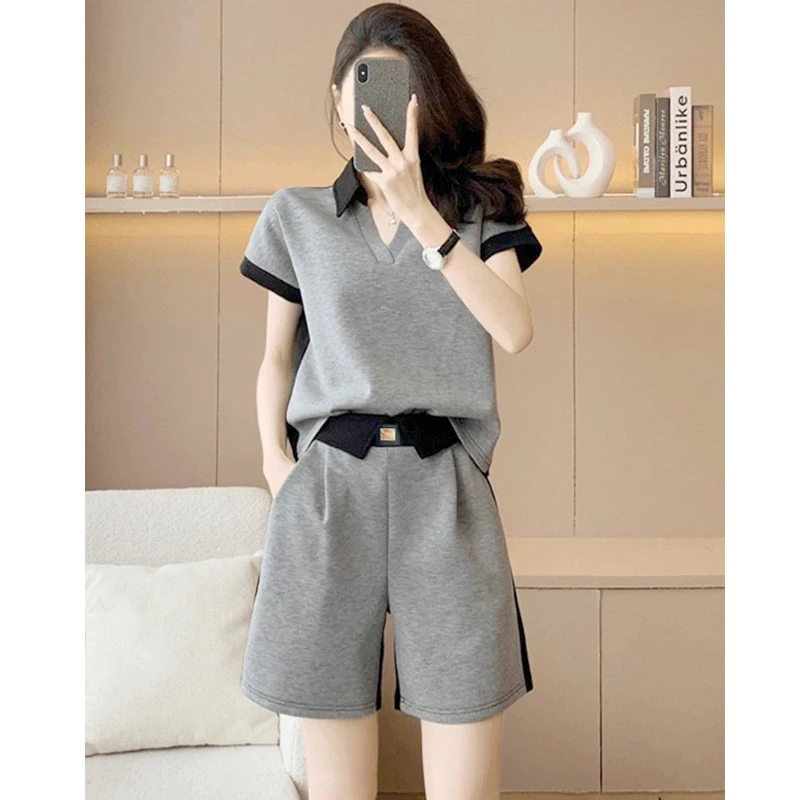 A007-8休闲运动套装2025夏季polo领短袖撞色短裤两件套